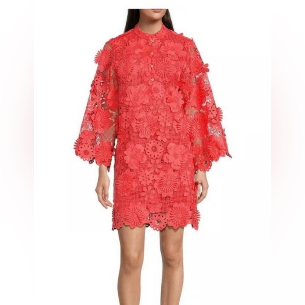 J Marie Seraphina Lace Dress Bright Coral Floral Lined Flare Slv Sz S NWT $168